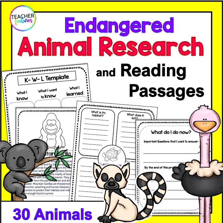 Teach students to write an animal research report! using writing prompts, informational reading passages & graphic organizers for 30 endangered/threatened animals keep students highly engaged while learning & organizing facts.